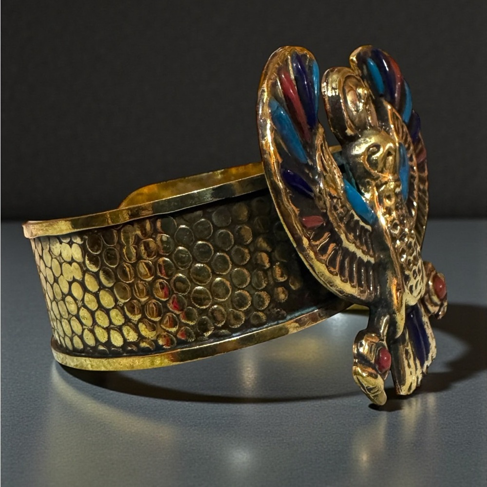 Pharaonic Horus Sky Deity Large Handmade Copper Cuff With Precious Stones. New. - Picture 8 of 11